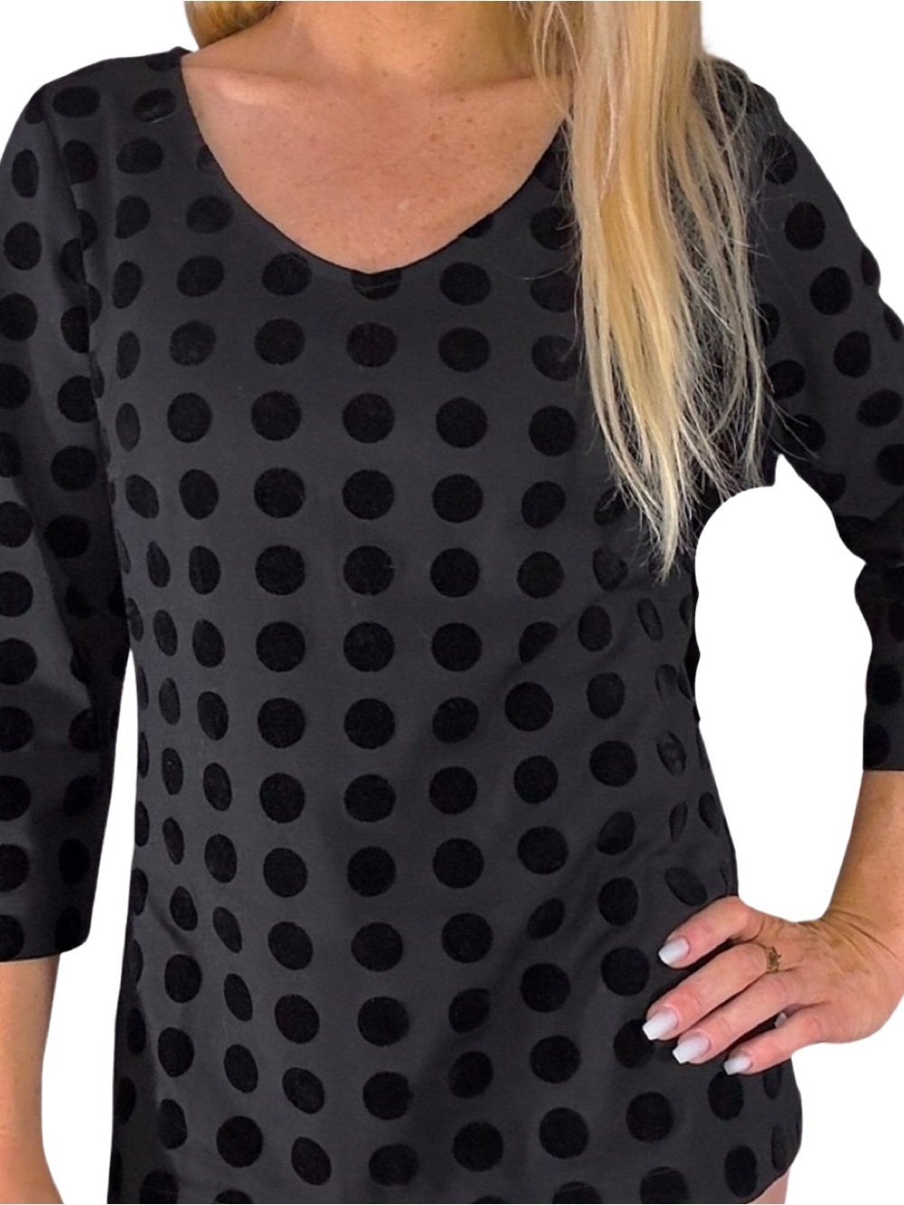 ANN TAYLOR‎ Black Velvet Polka Dot V-Neck Blouse w/ 3/4 Sleeve